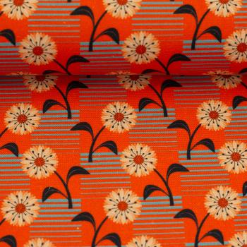 Preview: Baumwollcanvas Rocha Blumen, Streifen türkis/orange by Swafing